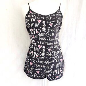 PINK Victoria Secret Dark Grey White Pink Logo Spell out Strappy Romper Size L